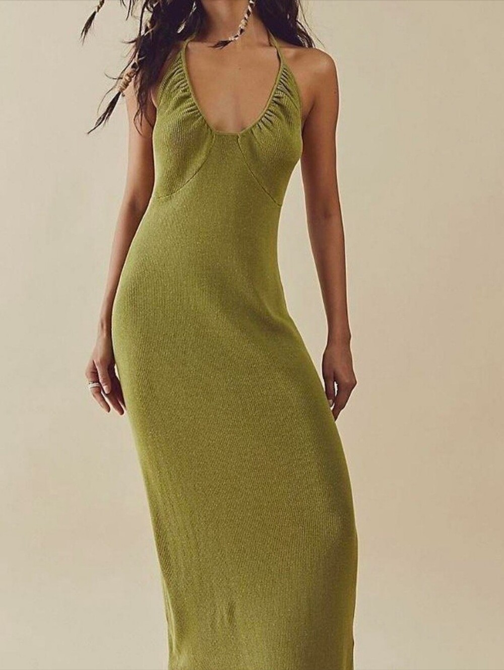 Free People Olive Green Halter Knit Maxi Dress Lace-up‎ Back Women's Size XL